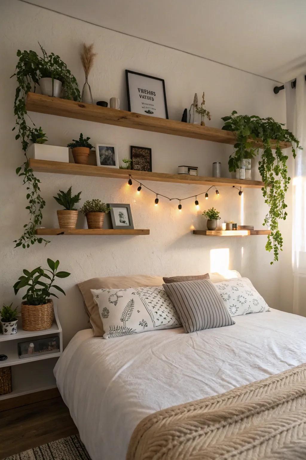 Hanging ledges provide a versatile space for displays above the bed.