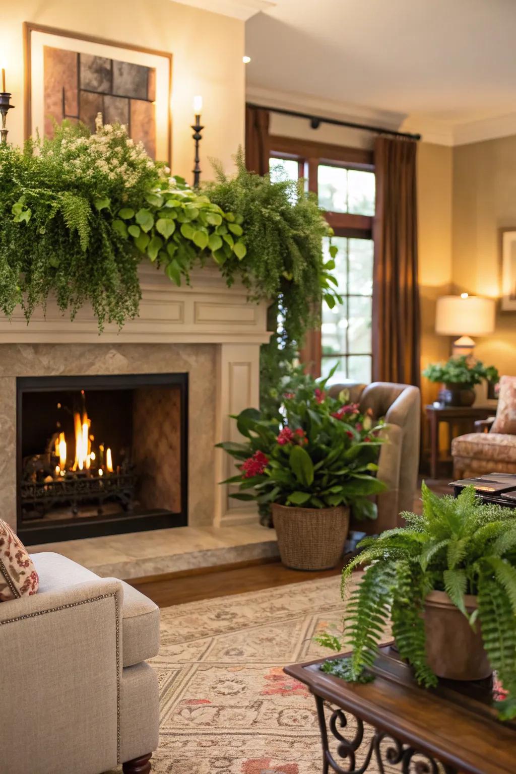 Luxuriant greenery introduces a natural and refreshing element above the fireplace.