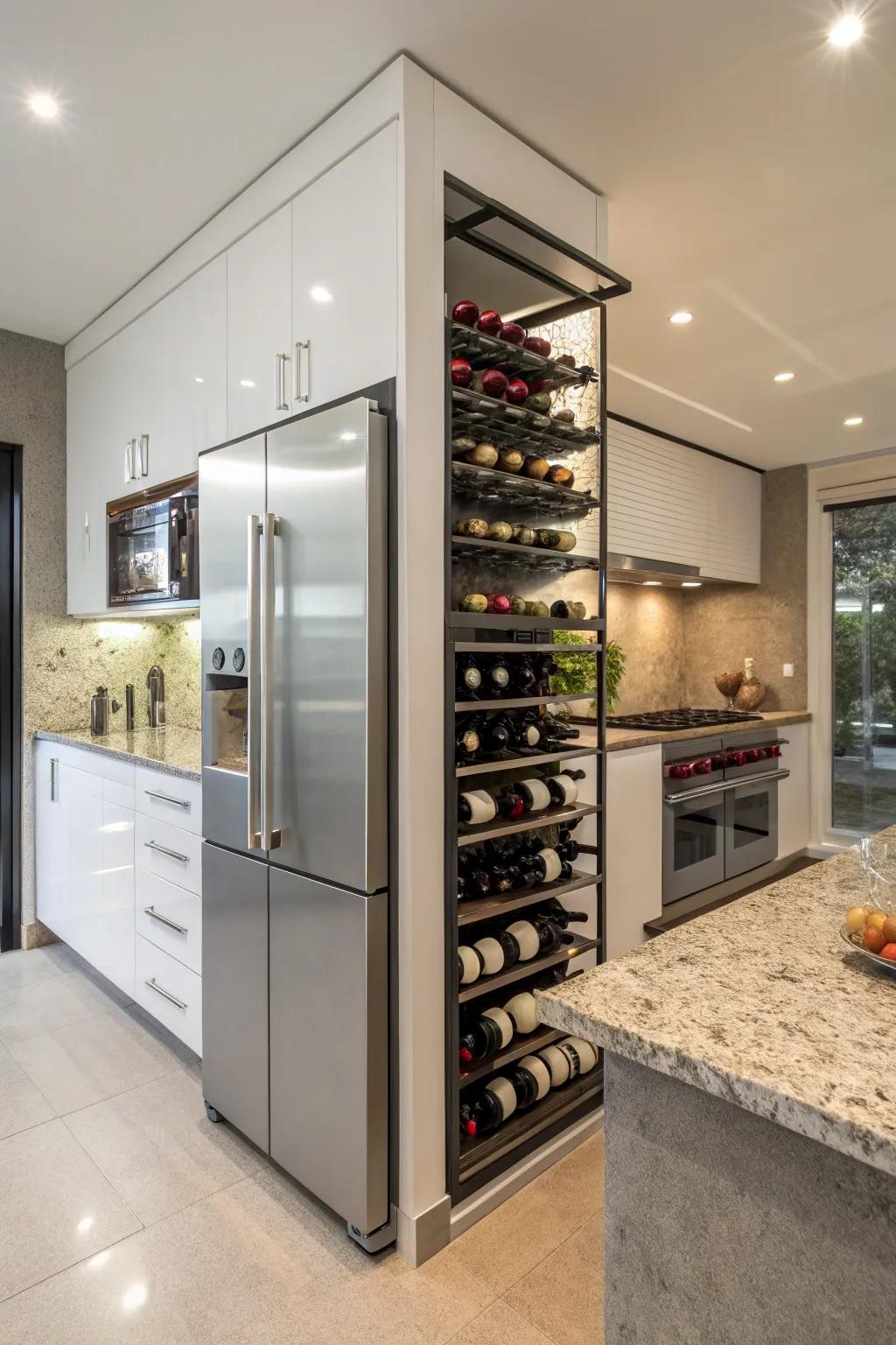 A wine display above the fridge becomes a chic focal point.