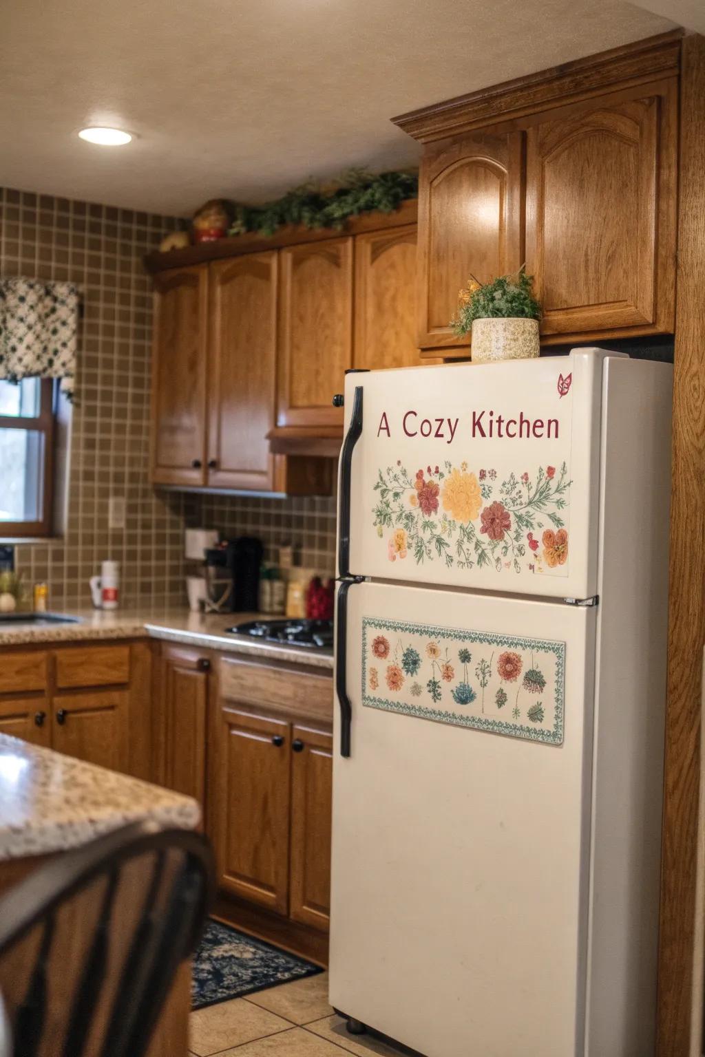 Communicate your unique style through a decorative sign positioned above the fridge.