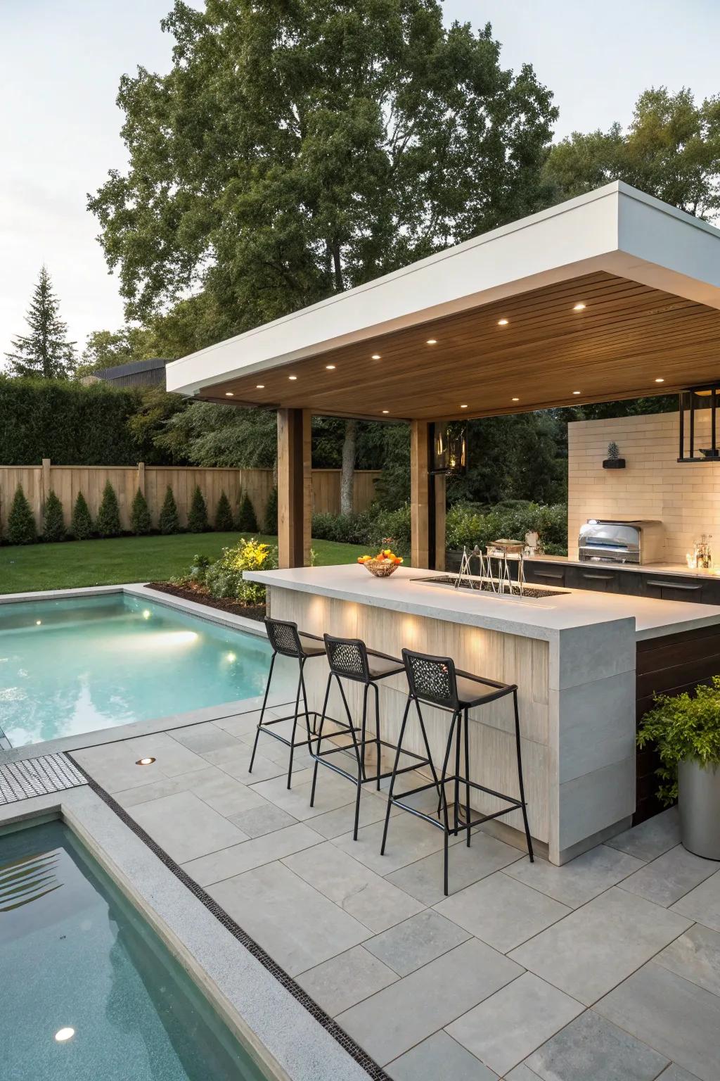 An integrated bar effortlessly blends with your pool, providing a streamlined aesthetic.