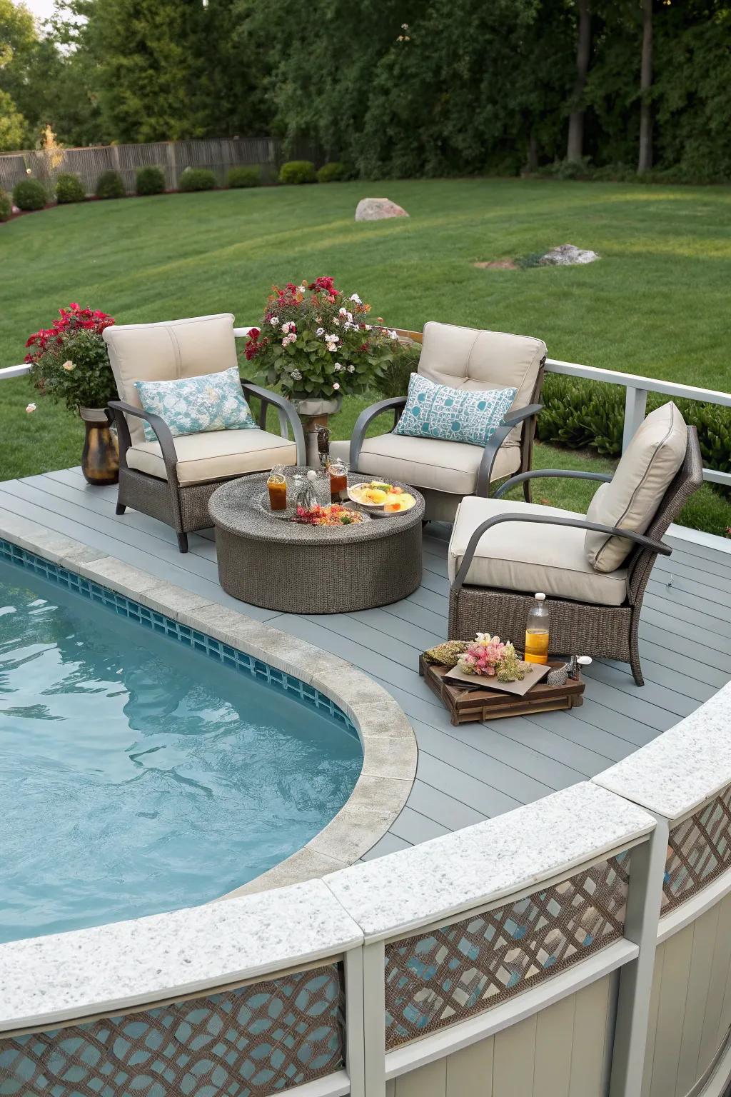 Design your peaceful getaway with welcoming seating by the water.