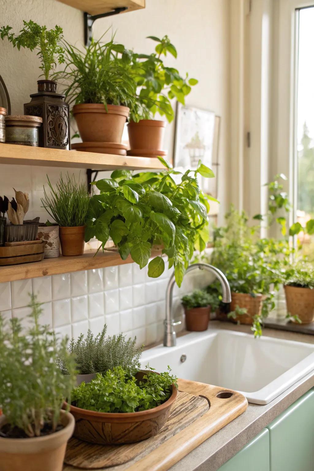 Greenery adds freshness and vitality to cooking areas.