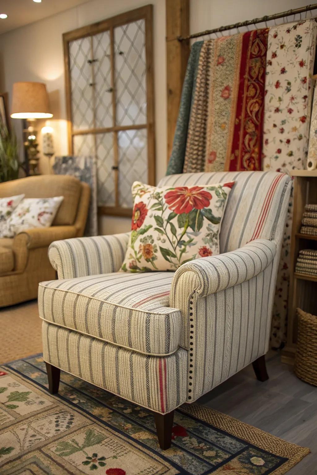 A banded chair matched with a botanical cushion enlivens the space with visual flair.
