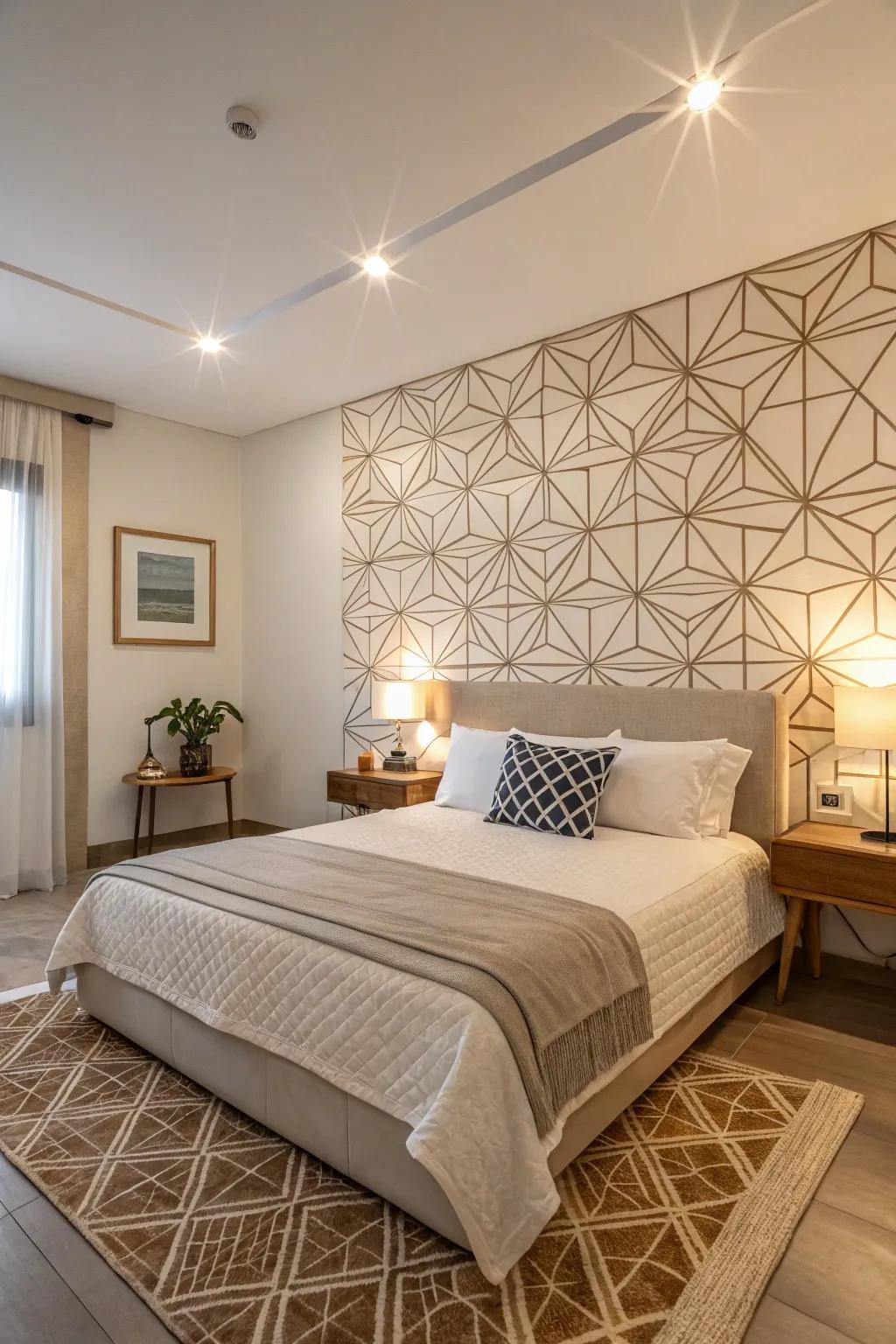 Geometric designs on the feature wall inject a modern edge into this minimalist bedroom.