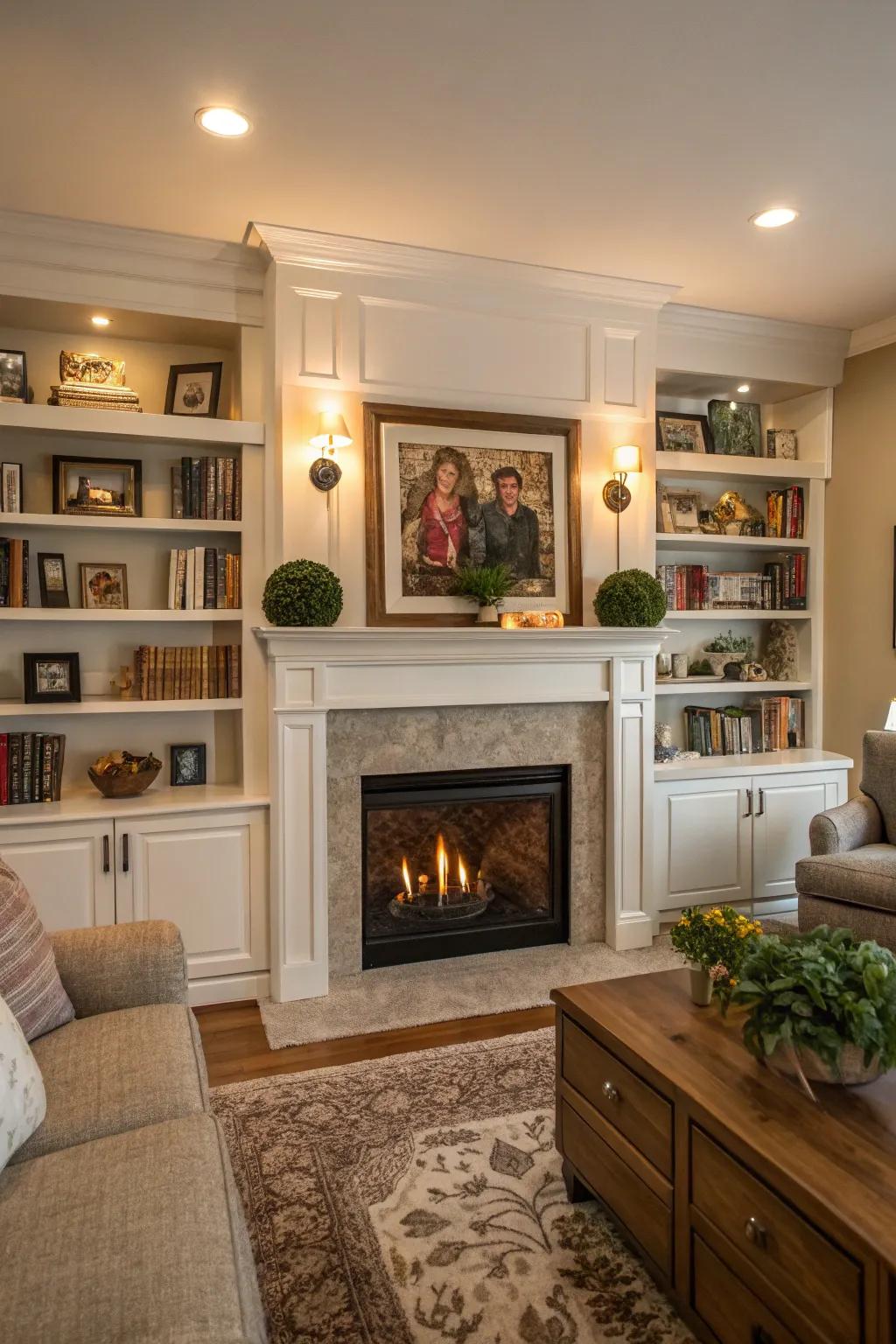 Integrated shelves frame the fireplace, enhancing both storage and visual appeal.