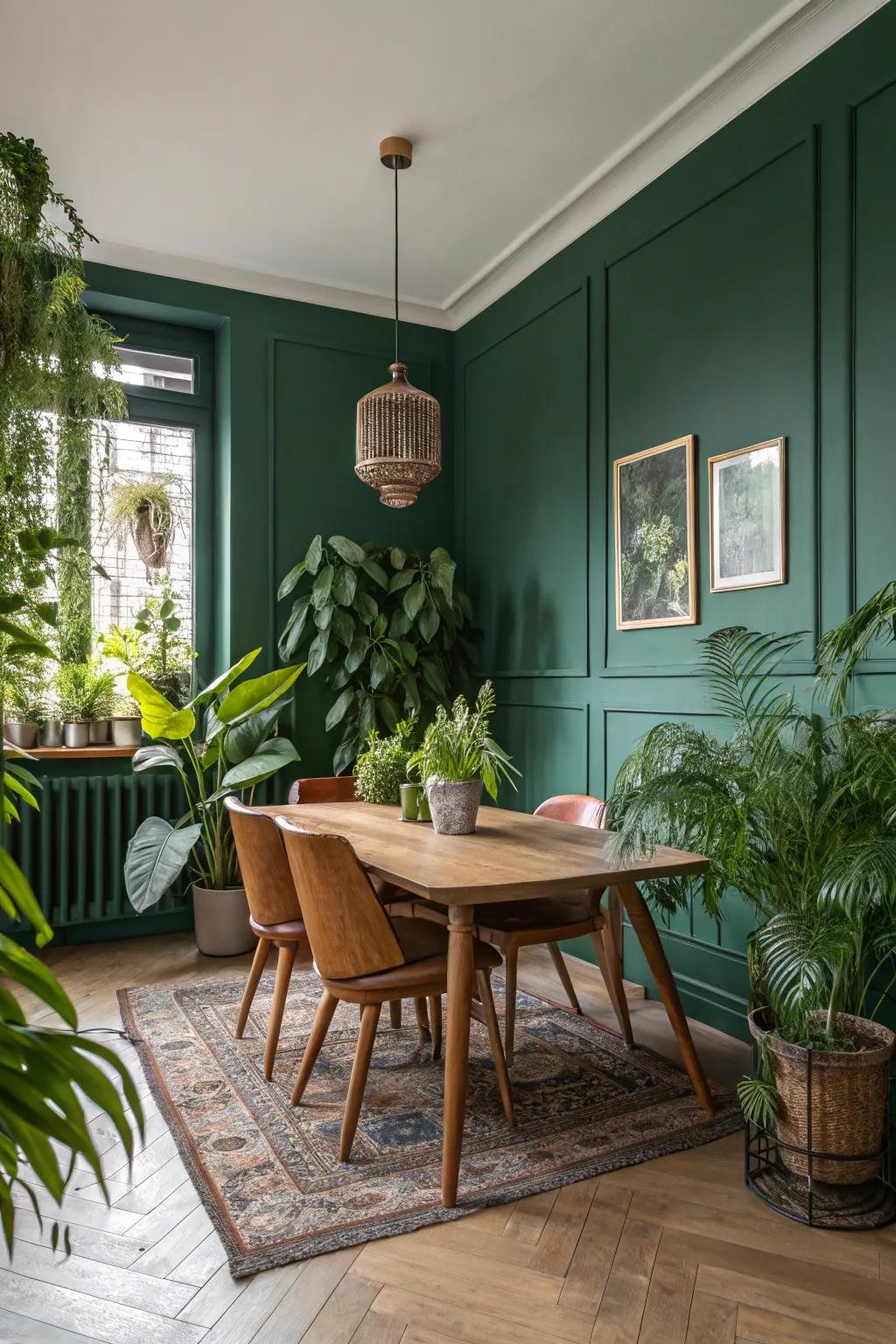 A dining area enhanced by a profound emerald accent wall and interior flora.