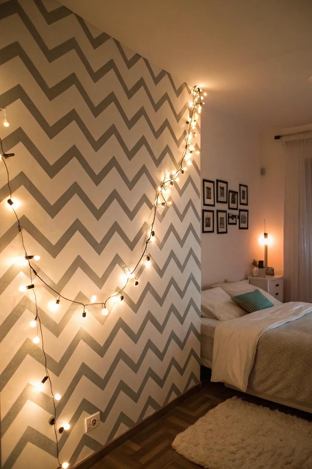 Transform your room with a feature wall illuminated by fairy lights.