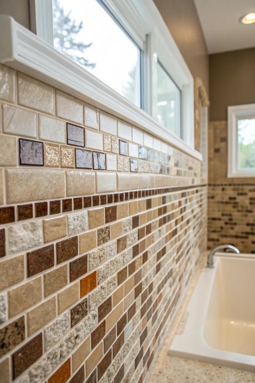 Blending substances like ceramic and glass adds texture to your bathroom.