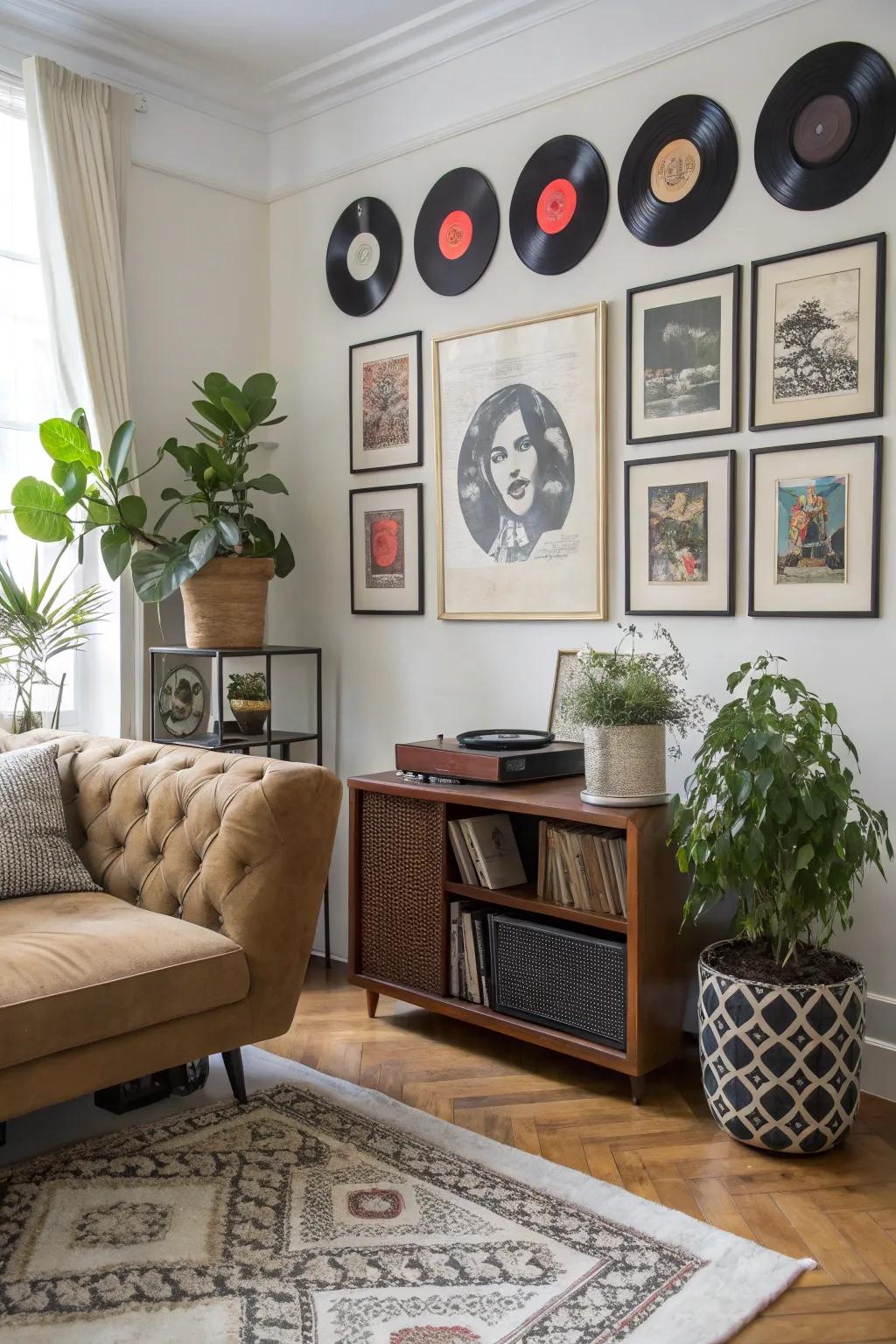 Vinyl records presented decoratively with curated art and plants for a touch of individuality.