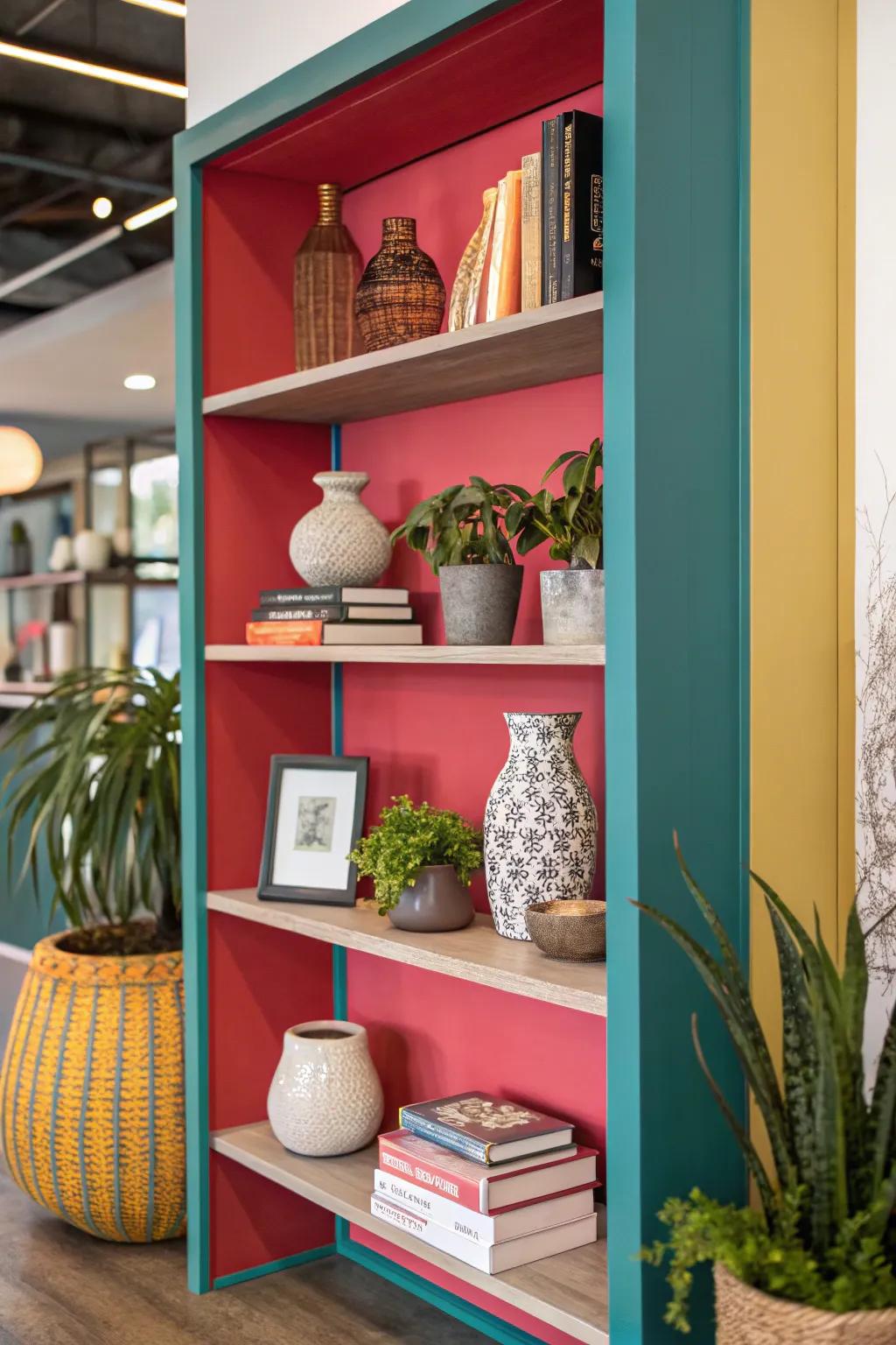 Incorporate a splash of color to your alcove shelves for added panache.