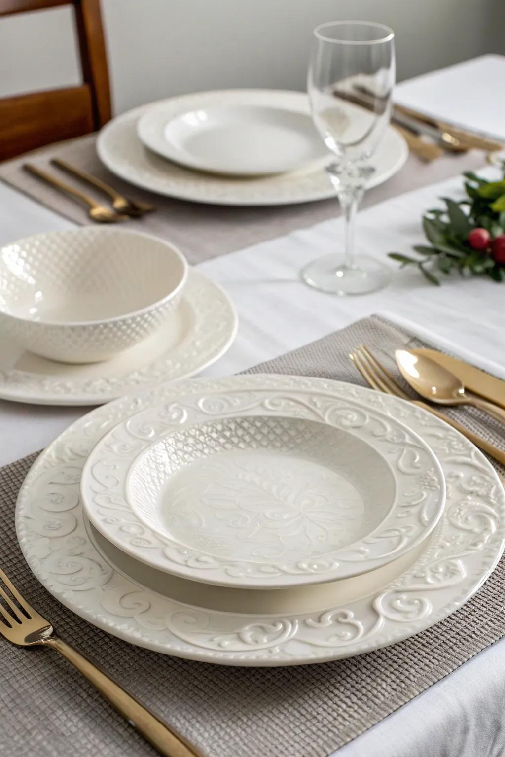 Elegant white dinnerware accentuates the dining experience.