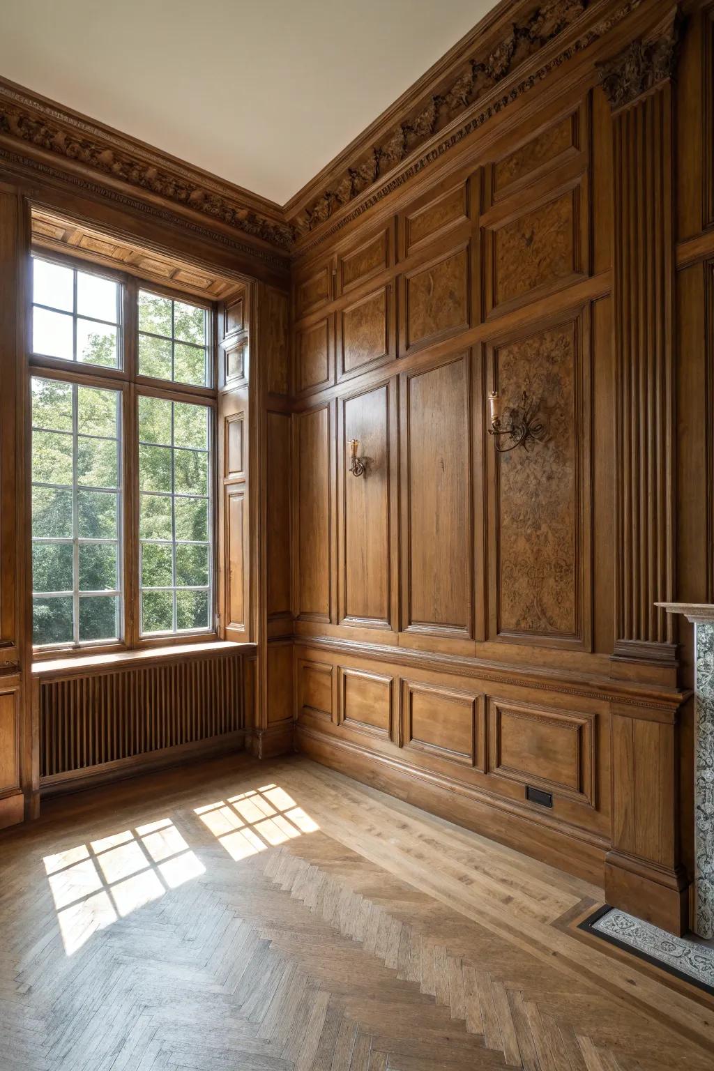 Wood paneling creating warmth and structure in a colonial-style chamber.