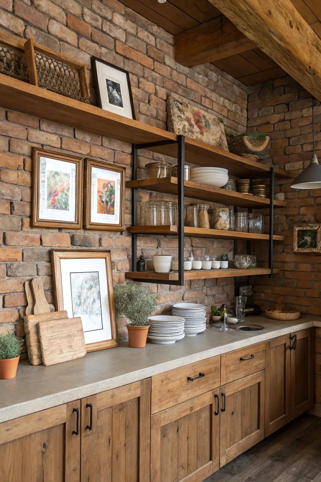 Wood accents add warmth to cooking area walls.