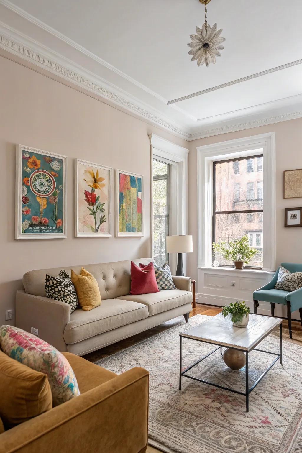 Neutral shades combined with bright accents fashion a balanced atmosphere.