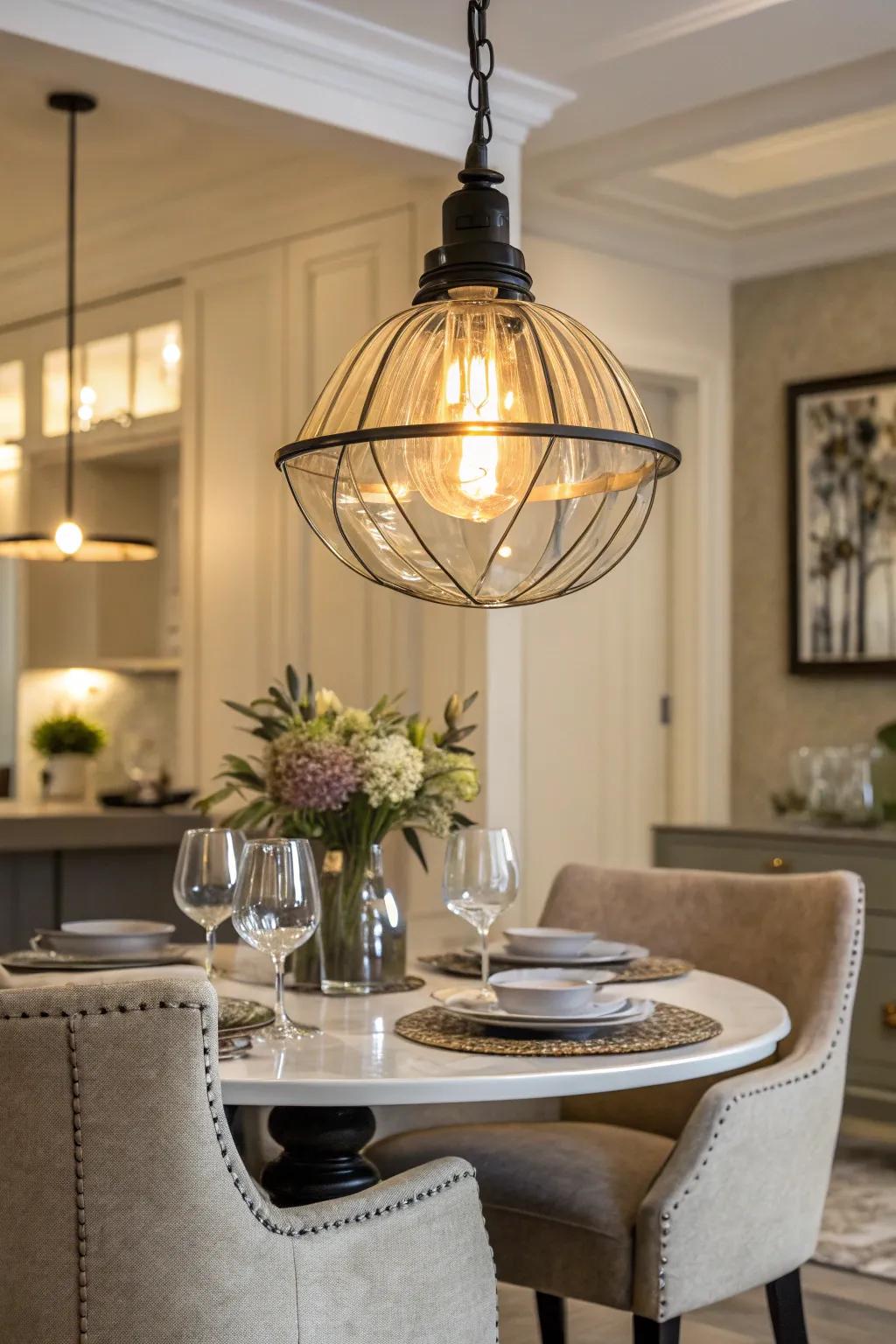 A dining spot highlighted by a plug-in hanging light.