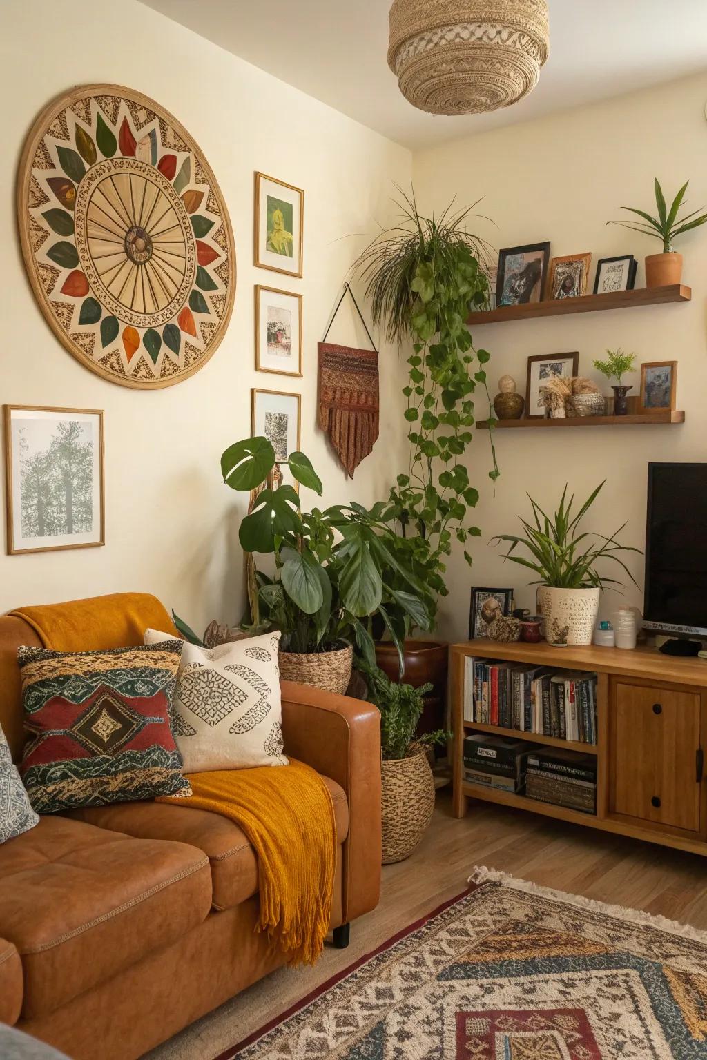 Ornamental elements such as artwork and flora give this living area its distinctive character.