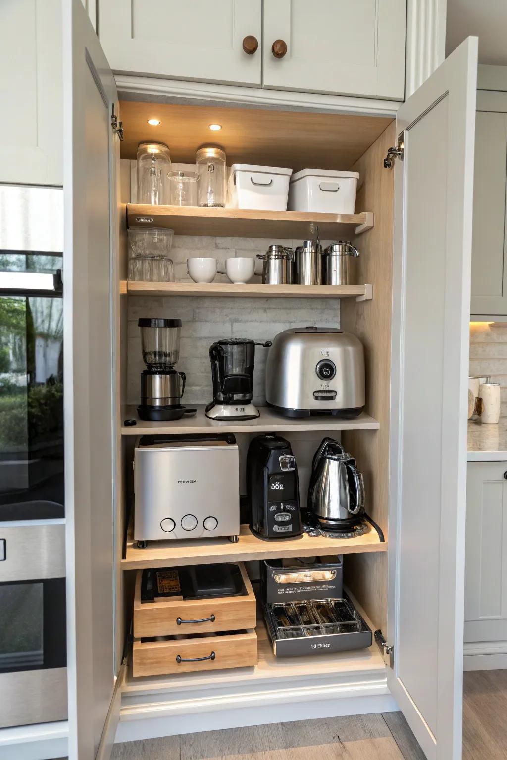 Slide-out shelving provides easy access to kitchen tools, enhancing both functionality and organization.
