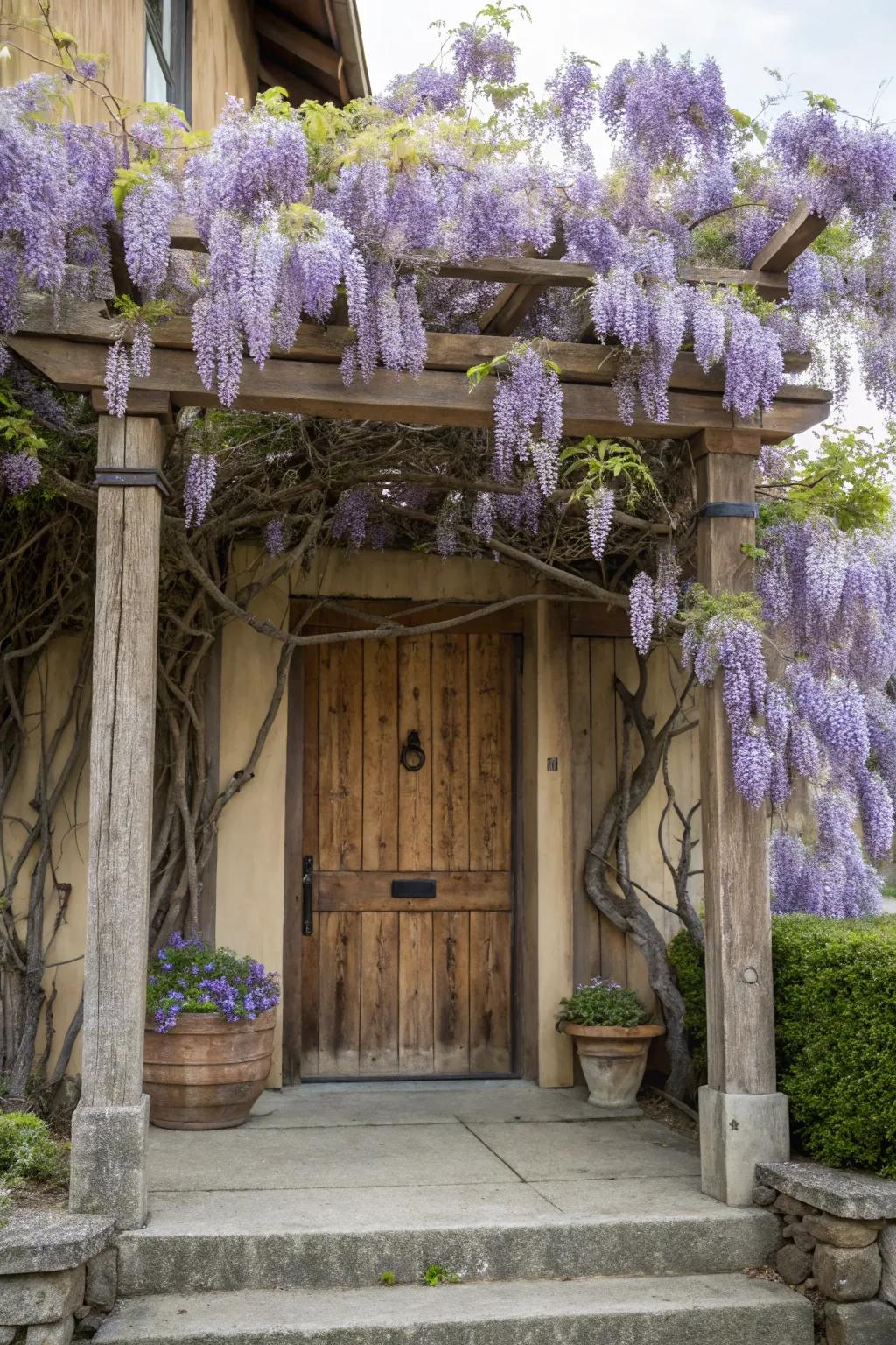 A timber arbor graced with a floral wisteria overhang for a magical entrance.