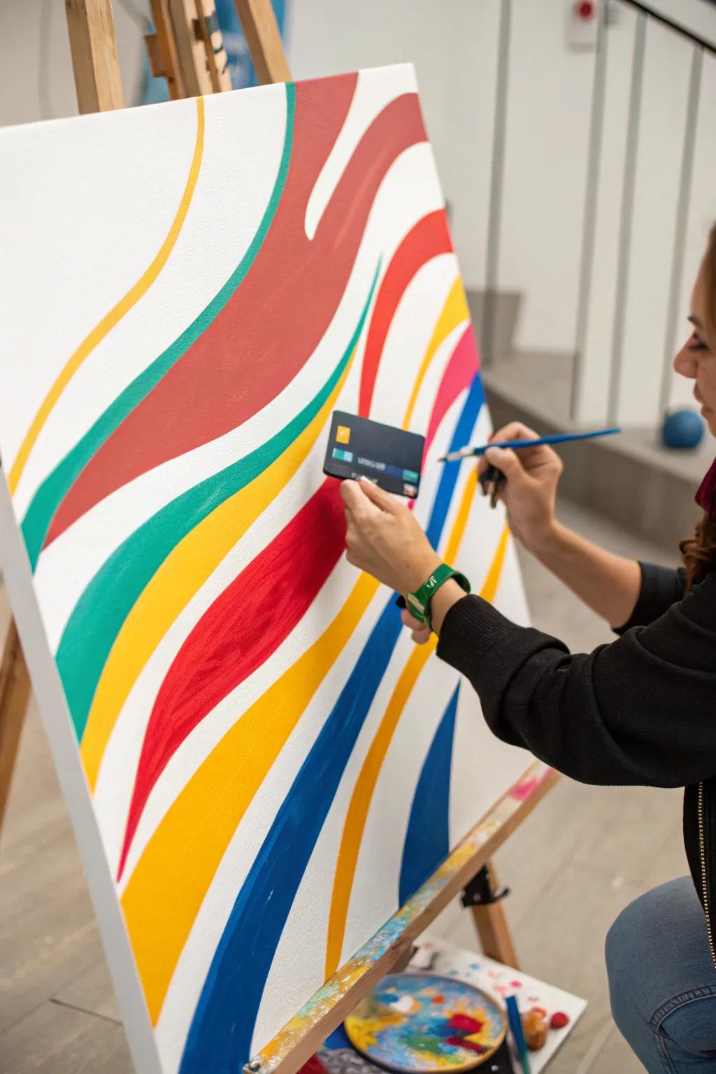 Employ a credit card to craft energetic, sweeping lines on your canvas.