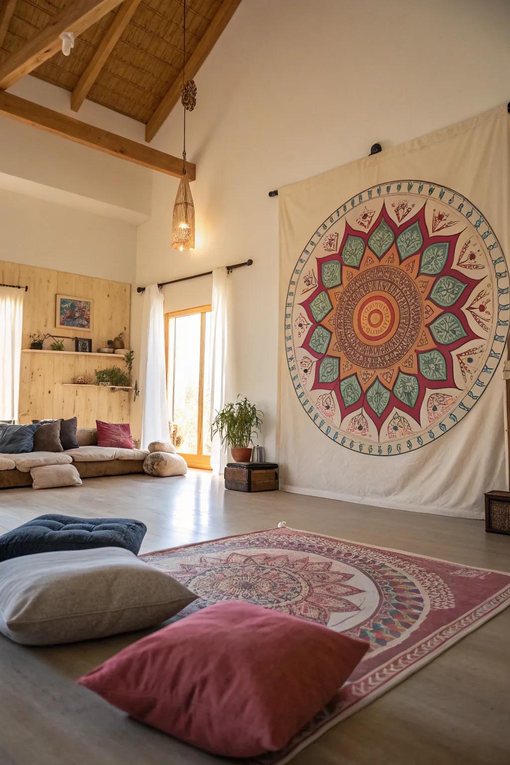 A creative space enhanced with a sacred circle art piece, fostering a peaceful and welcoming environment.