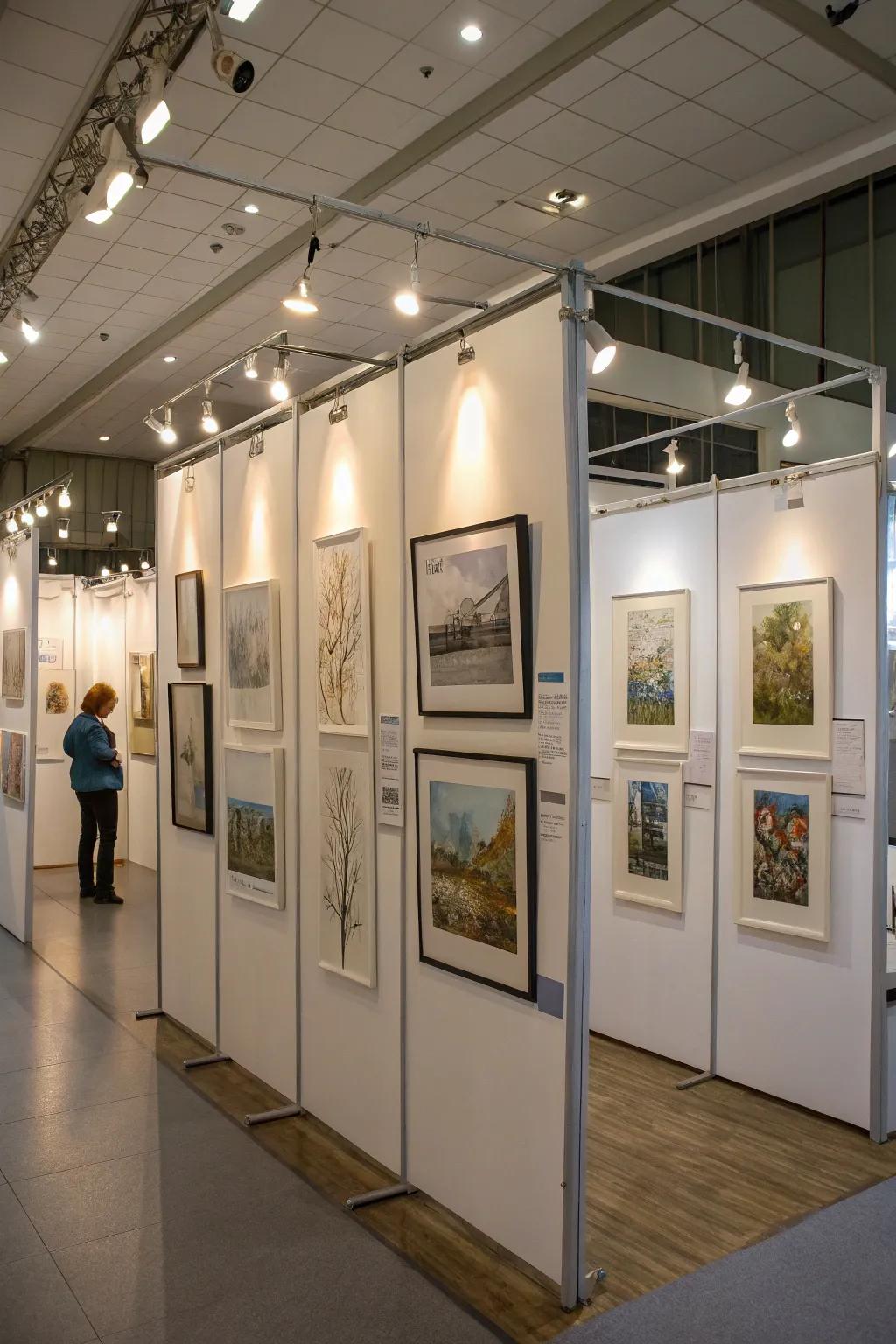 Artworks gracefully showcased on elevated screens.