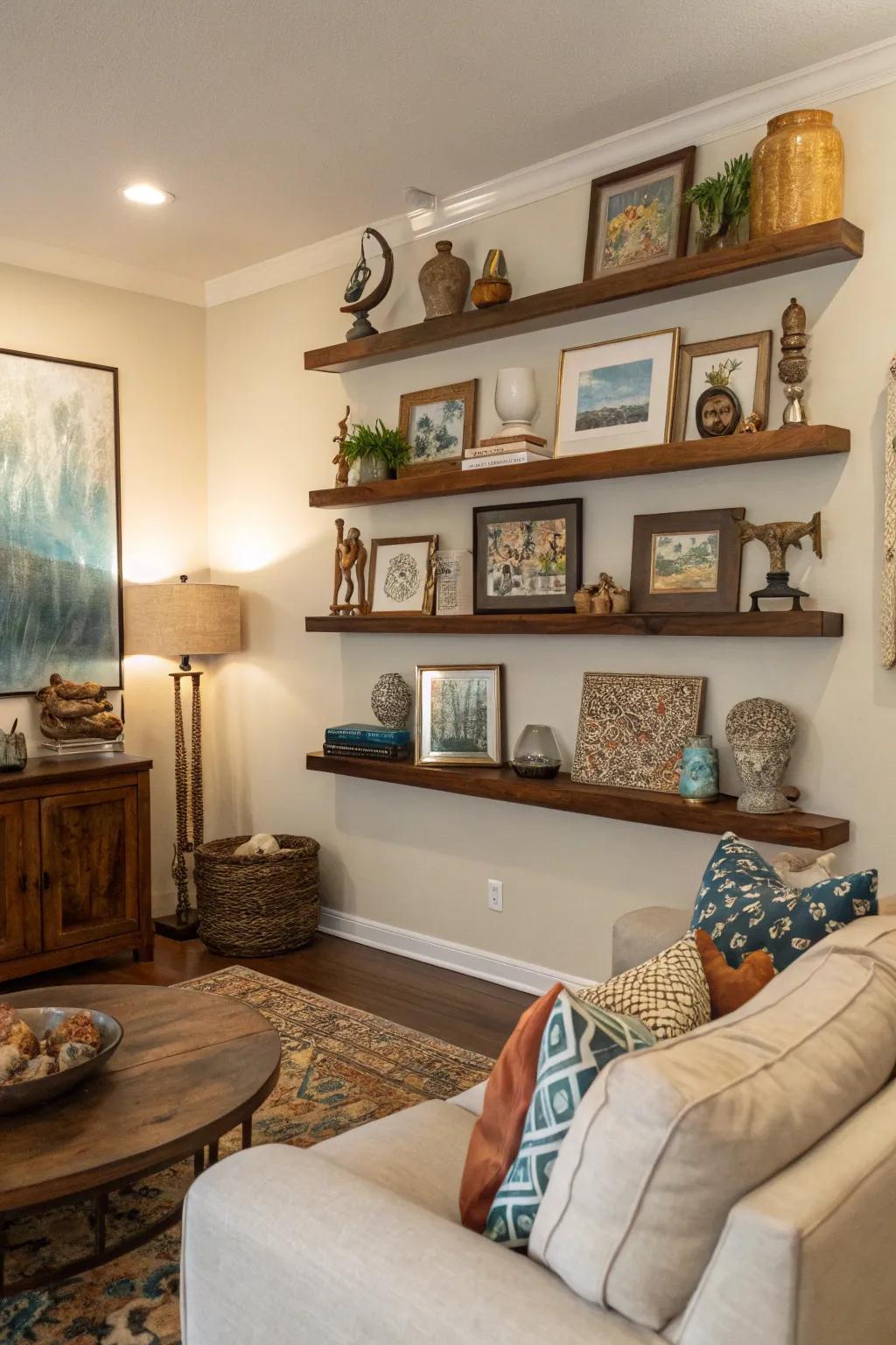 Floating shelves offer both versatility and a touch of artistic flair in showcasing your art.