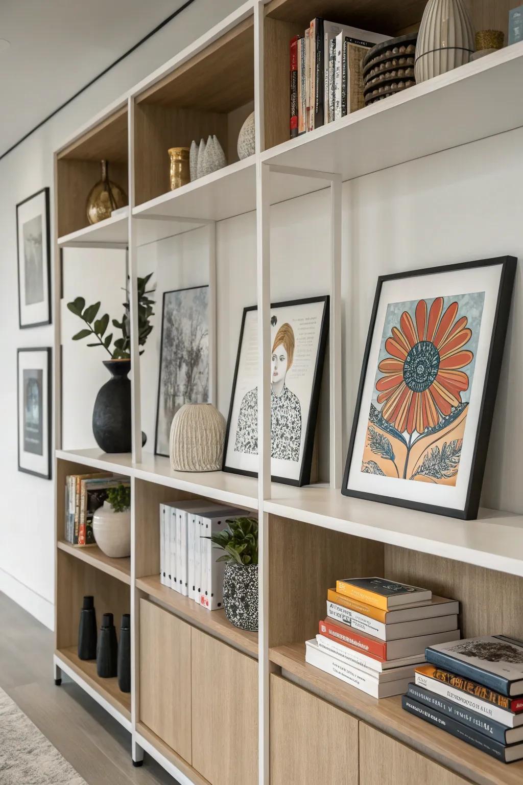 A stylish rack arrangement featuring art prints and aesthetic objects.