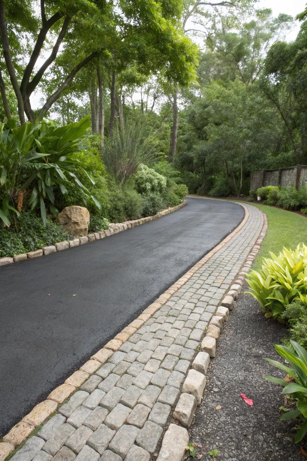 Heritage stone pavers lend a rustic charm to this cozy driveway.