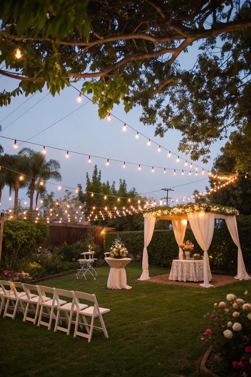 Filament strands fashion a bewitching ambiance for a dusk wedding.