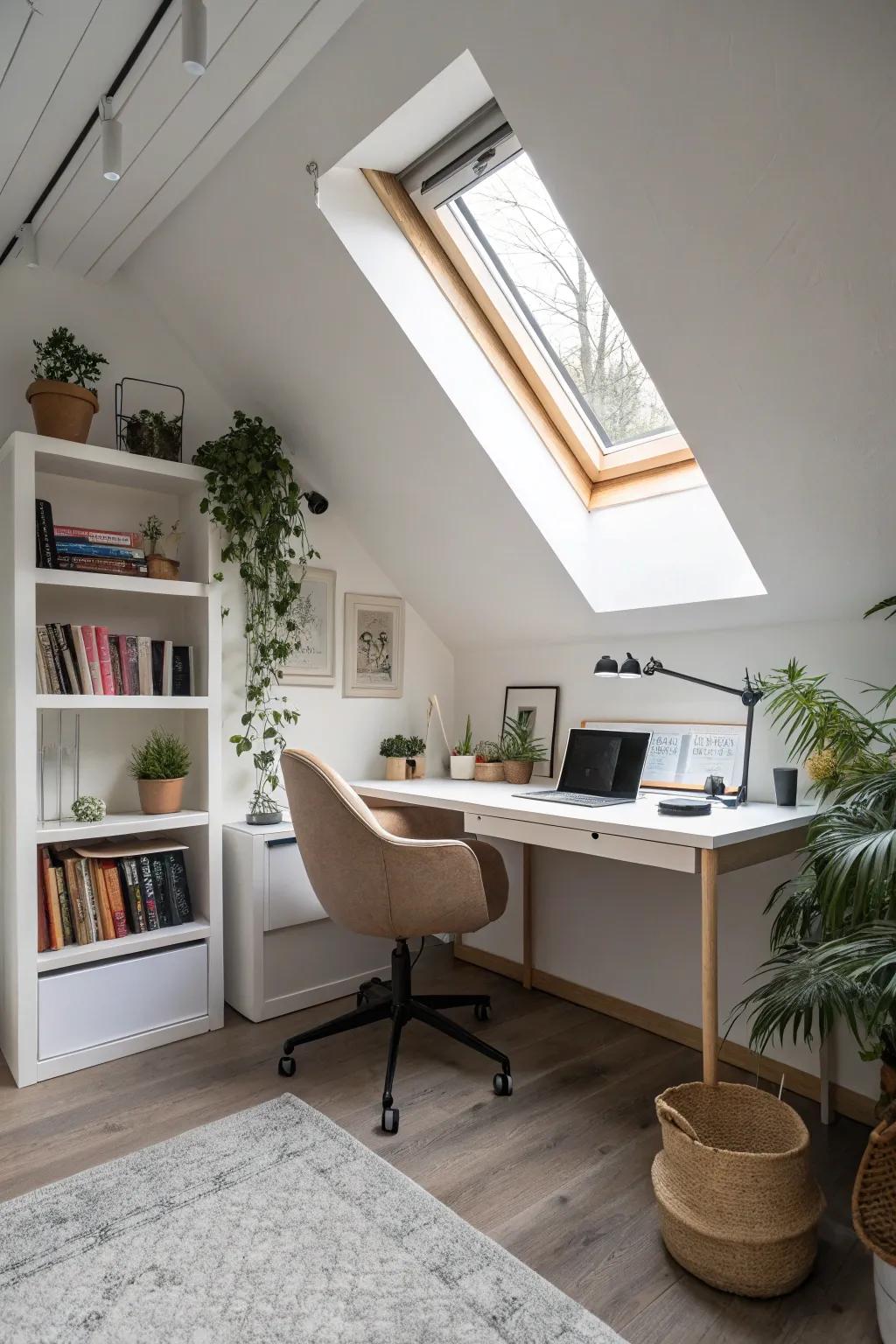Elevate productivity in a peaceful attic office.