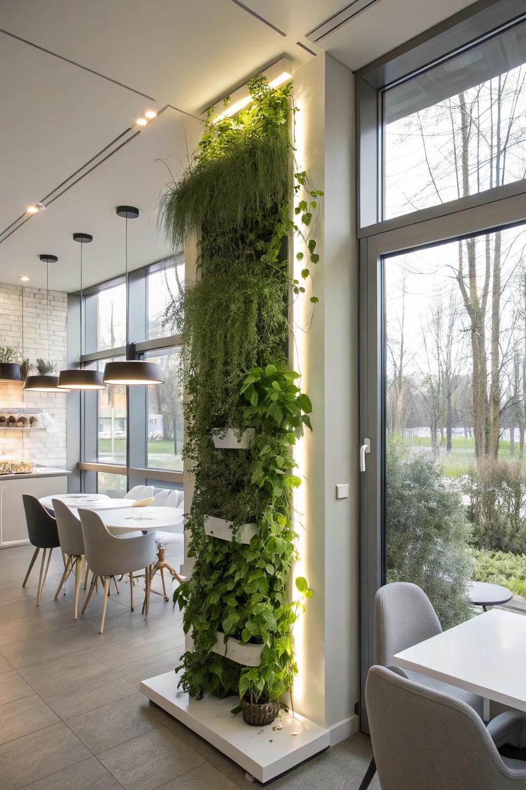A wall-mounted plant display enhanced by gentle grow lights.