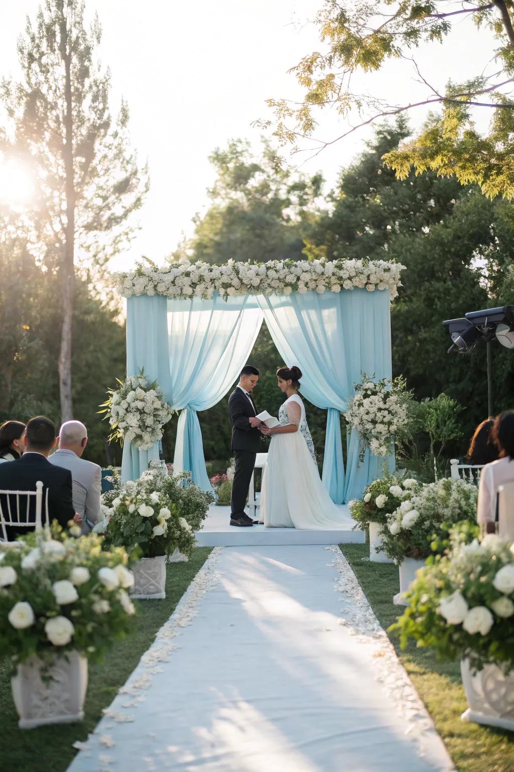 A pale azure backdrop crafts an amorous setting for your pledges.