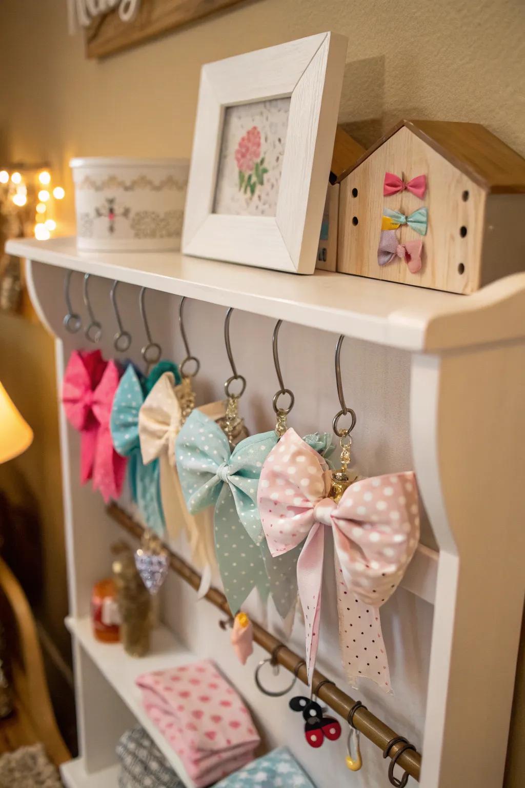 Shelving units with hooks blend storage and display for bows.