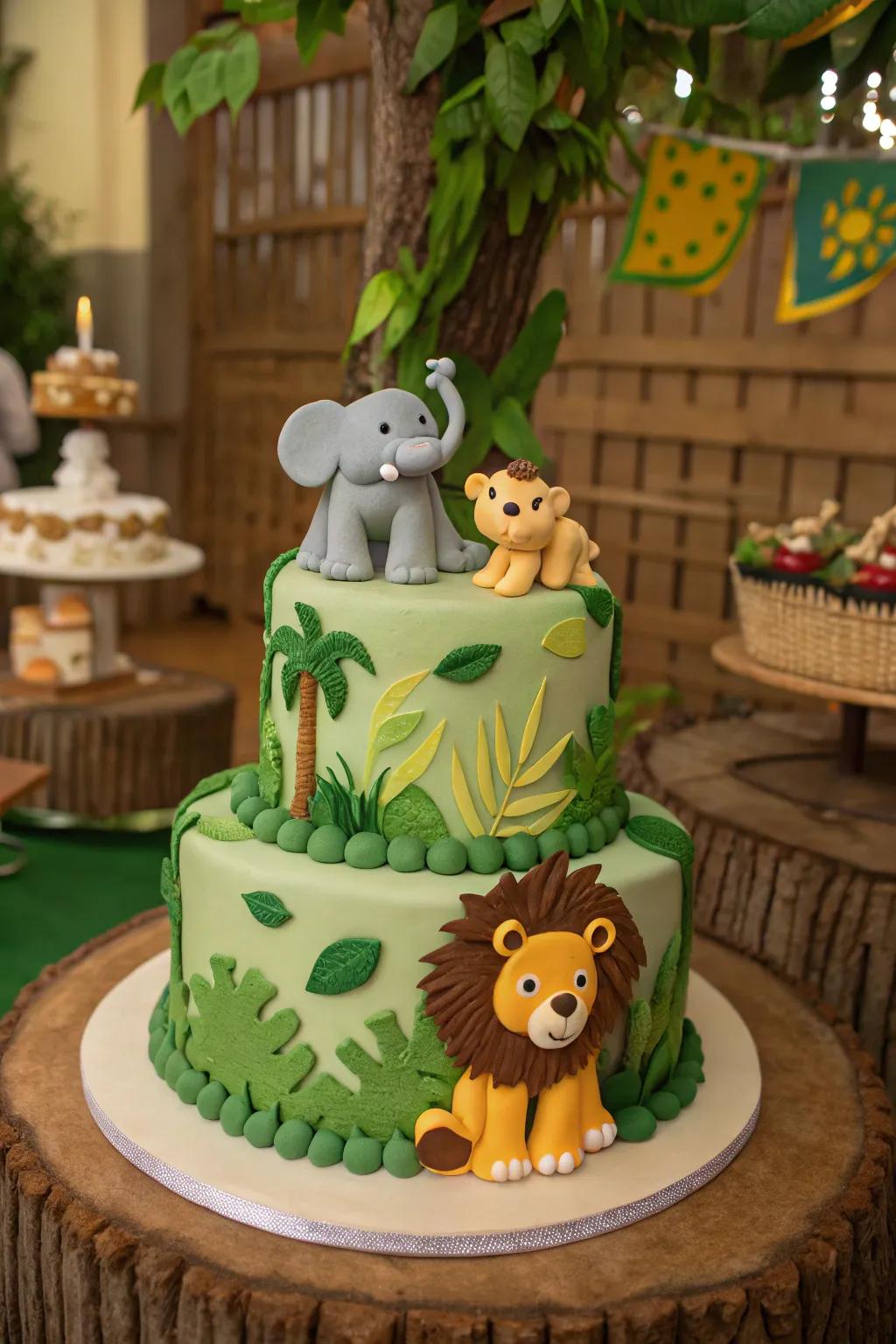 A wilderness party cake that has fun animal decorations.
