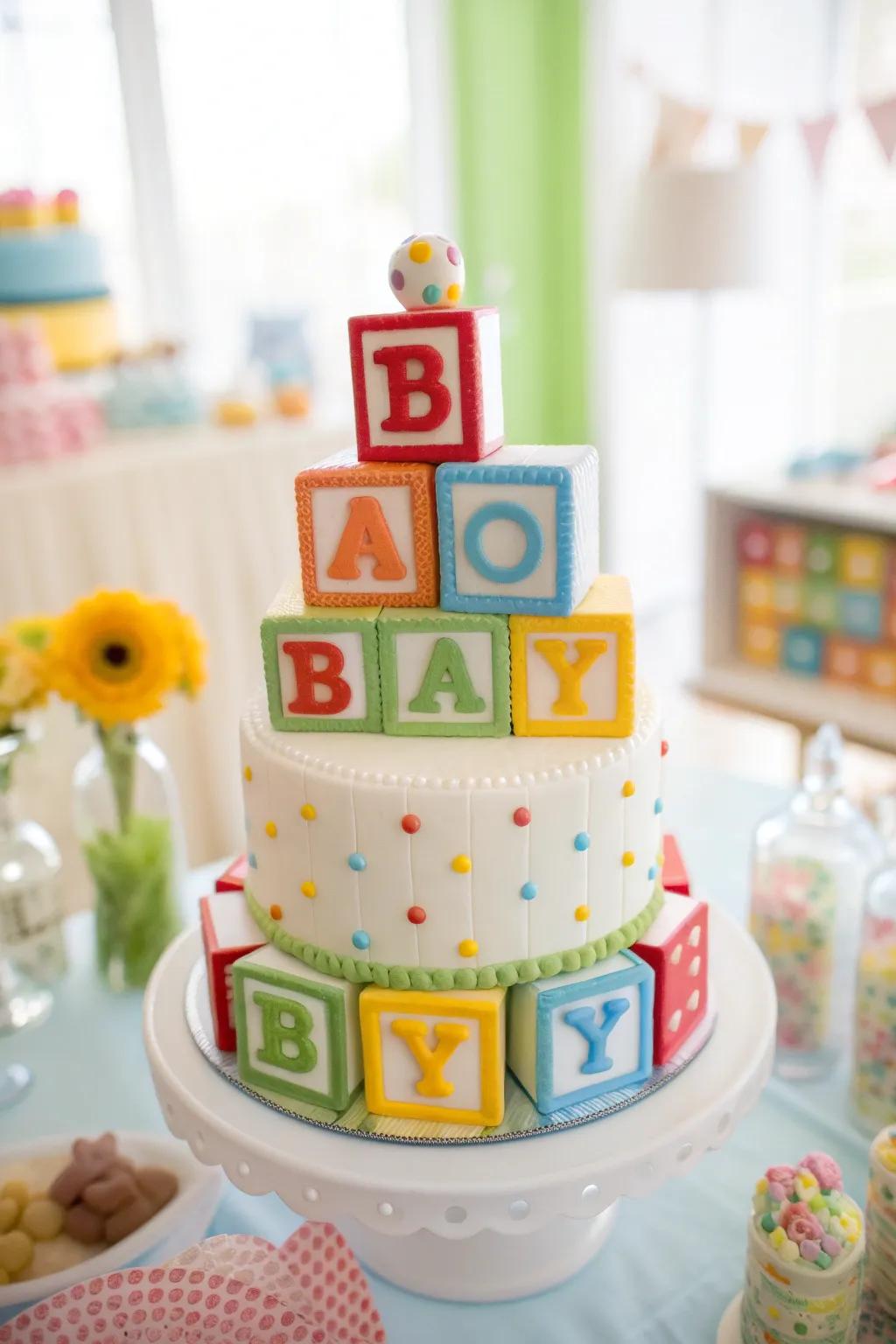 A fun cake using building blocks for a baby boy shower.