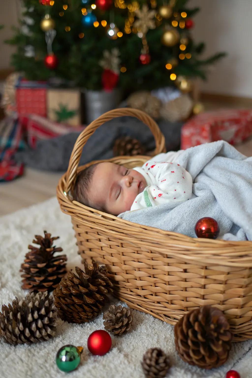 A snug basket scene for a festive baby photoshoot.