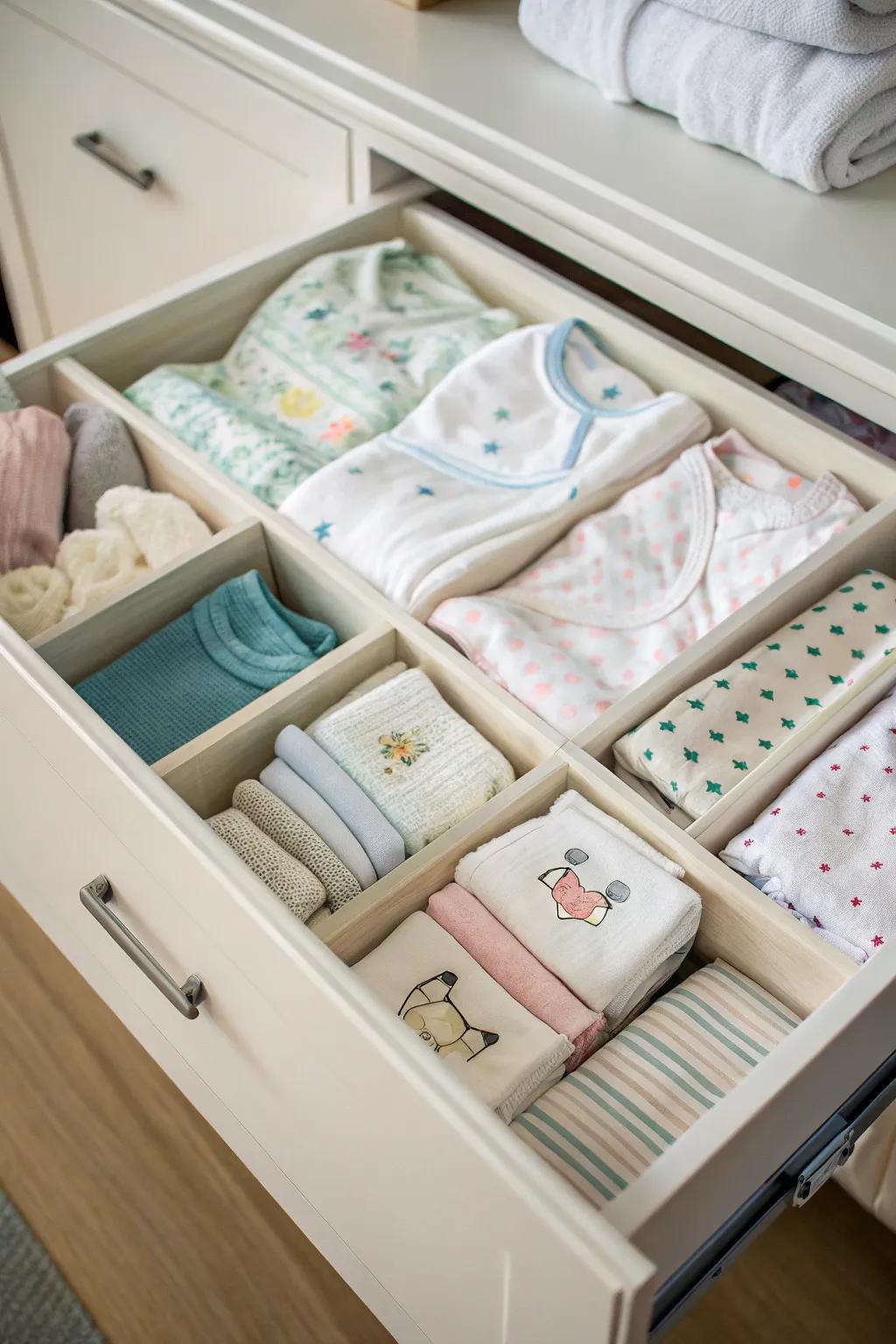 Drawer organizers ensure baby clothes are neat and easy to find.