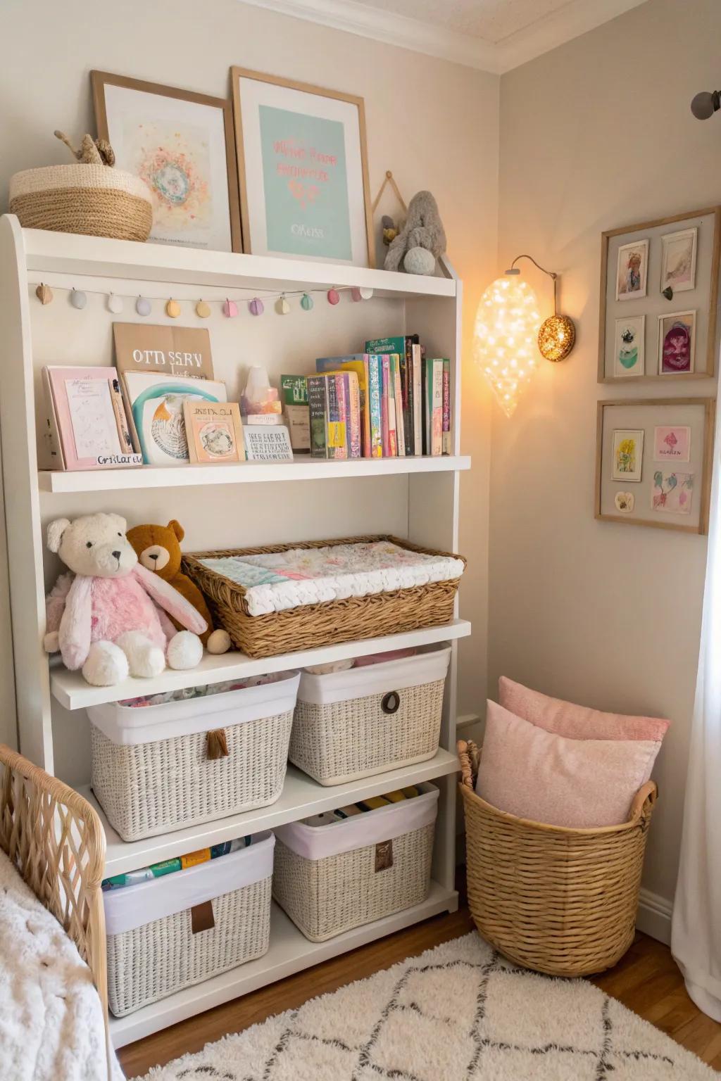 Intelligent storage solutions retain a tidy and well-organized baby's corner.