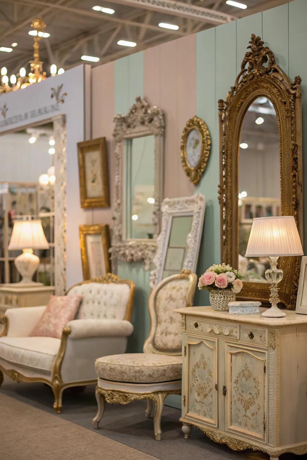 A chamber enriched with timeless ornaments, incorporating ornate looking glasses and bygone frames.