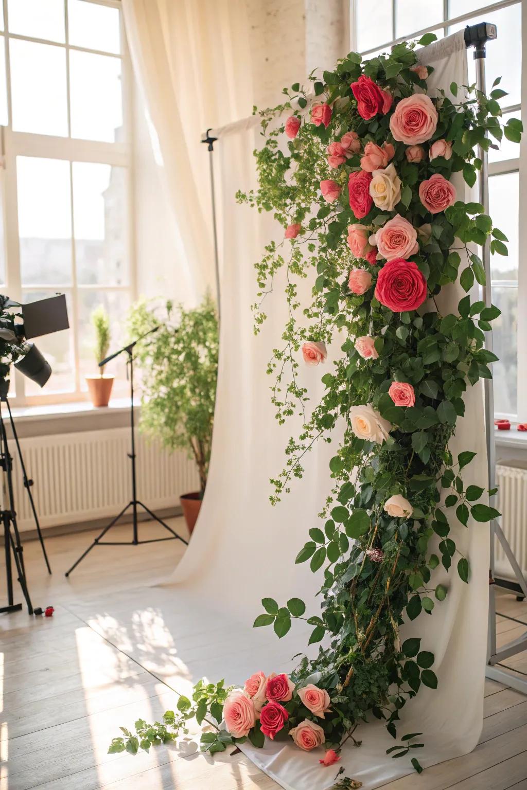 A floral wonderland backdrop with lively roses and foliage.