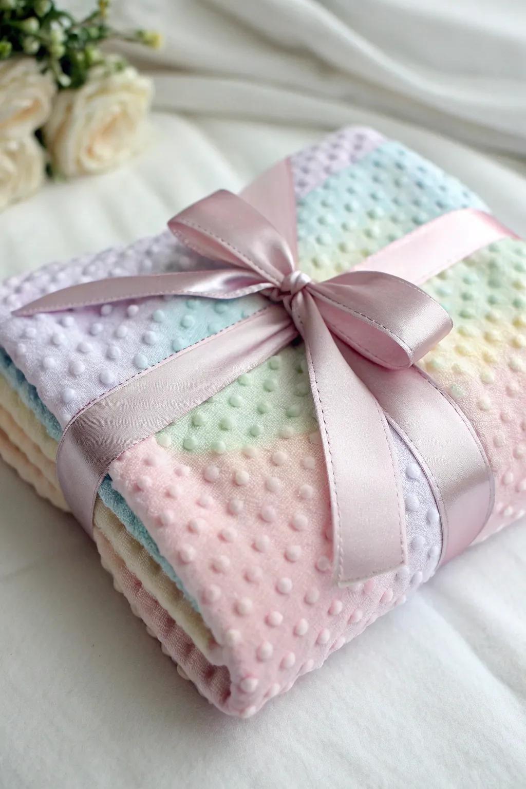 A sumptuous baby wrap employed as a chic gift cover, tailored for a baby shower.