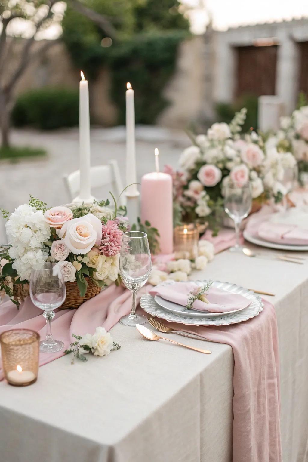 An elegant table presentation featuring stylish textiles and floral centerpieces.