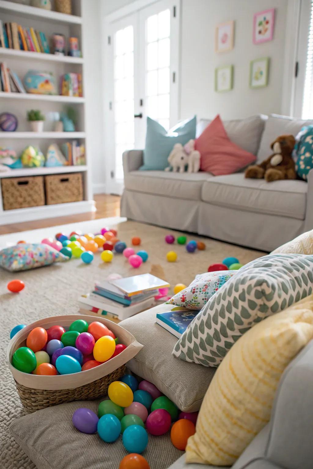 An indoor egg scavenger hunt setting perfect for little adventurers.