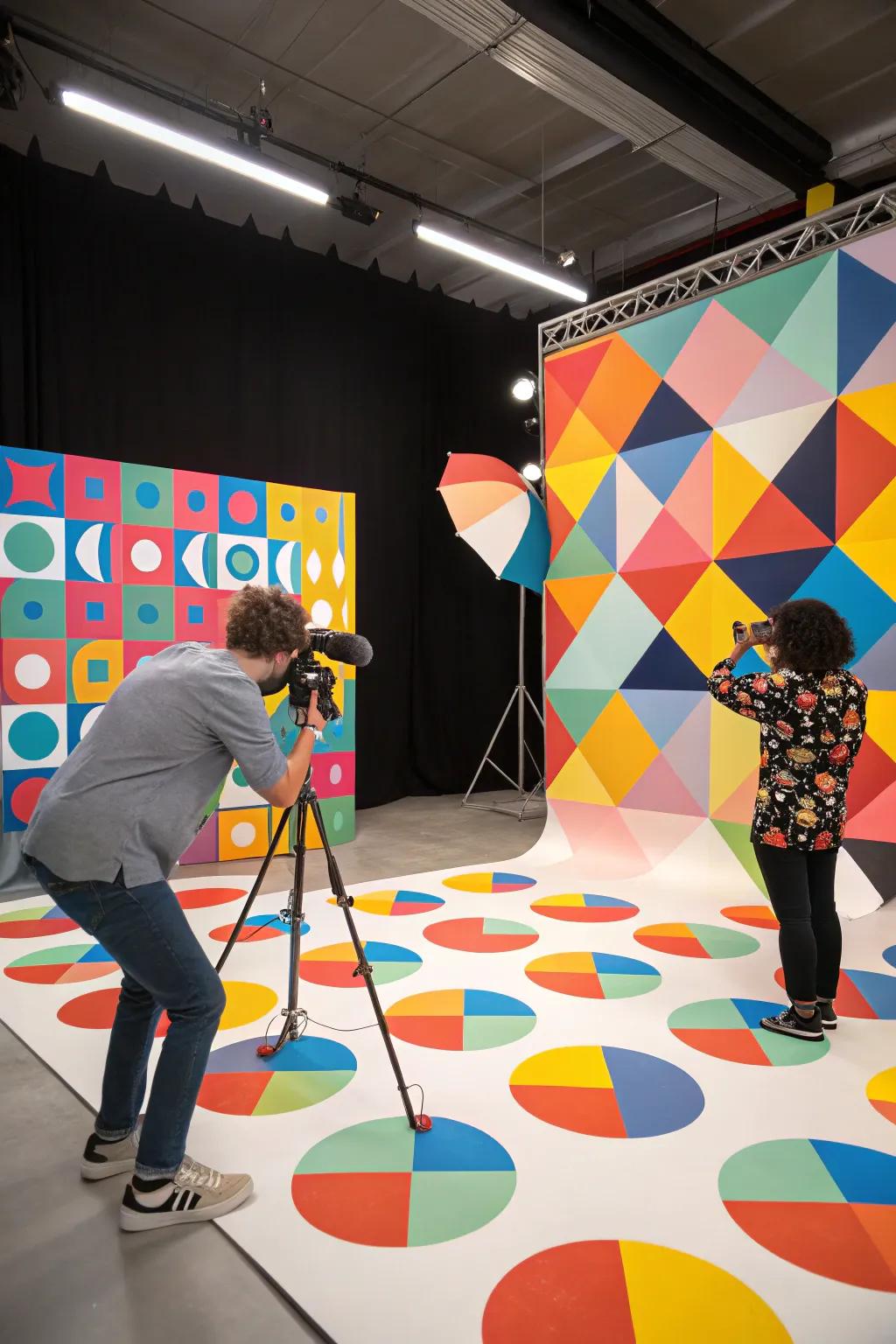 A studio with a bold patterned background and colorful accents.