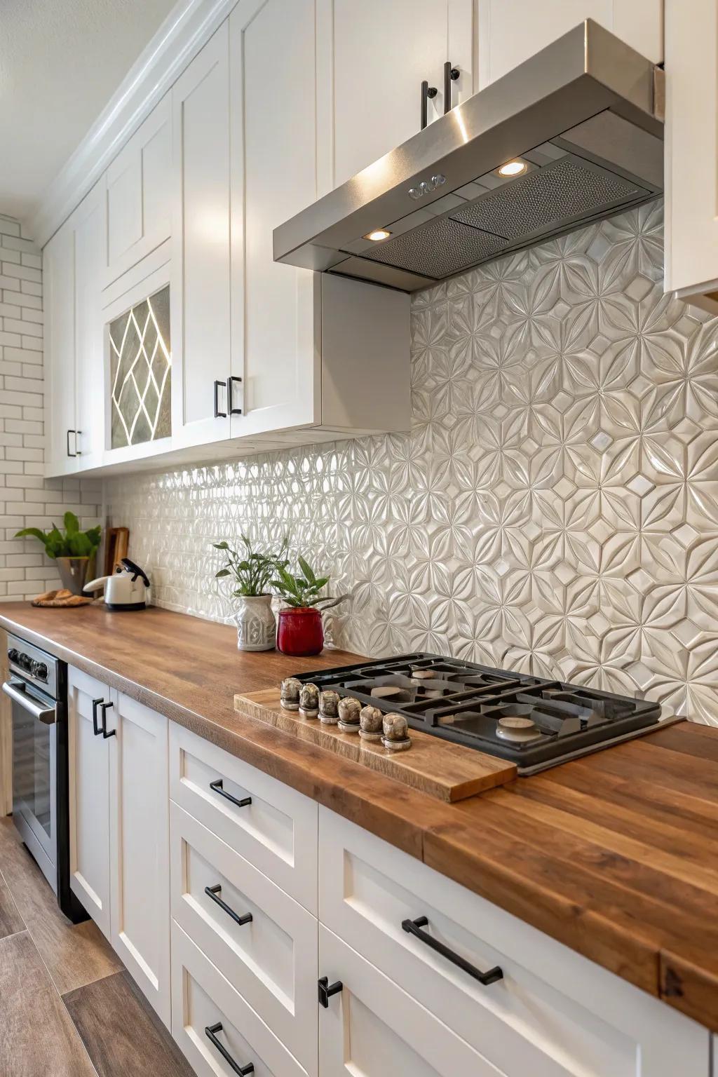 Introduce dimension using patterned bricks against rich wood.