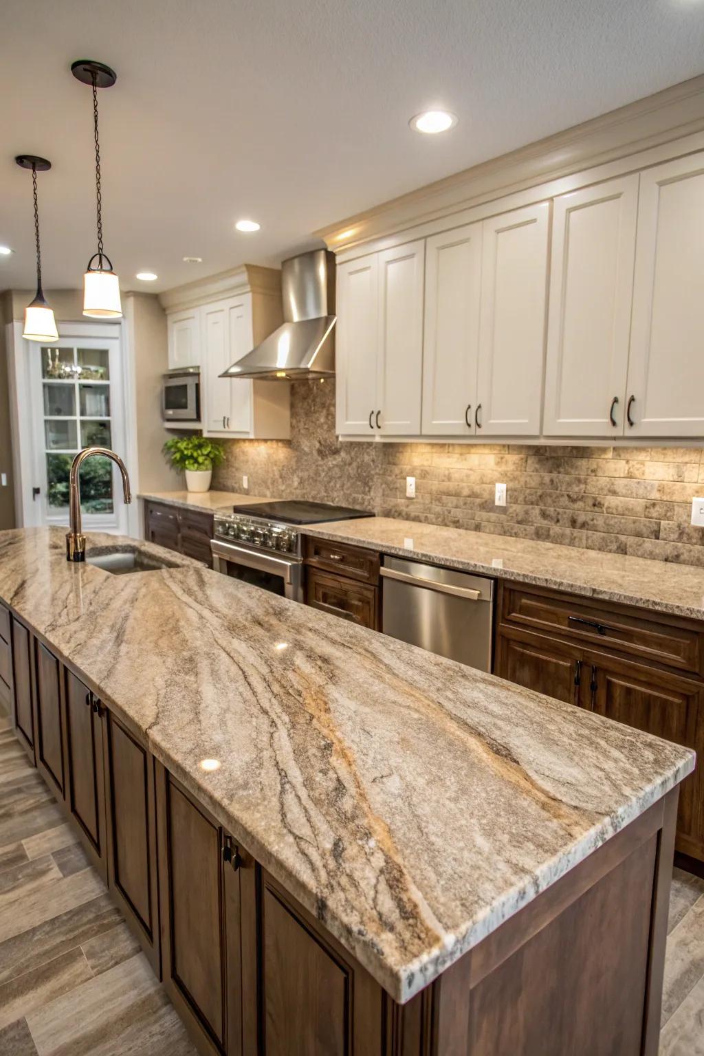 An unbroken granite backsplash cultivates a harmonious visual appeal.