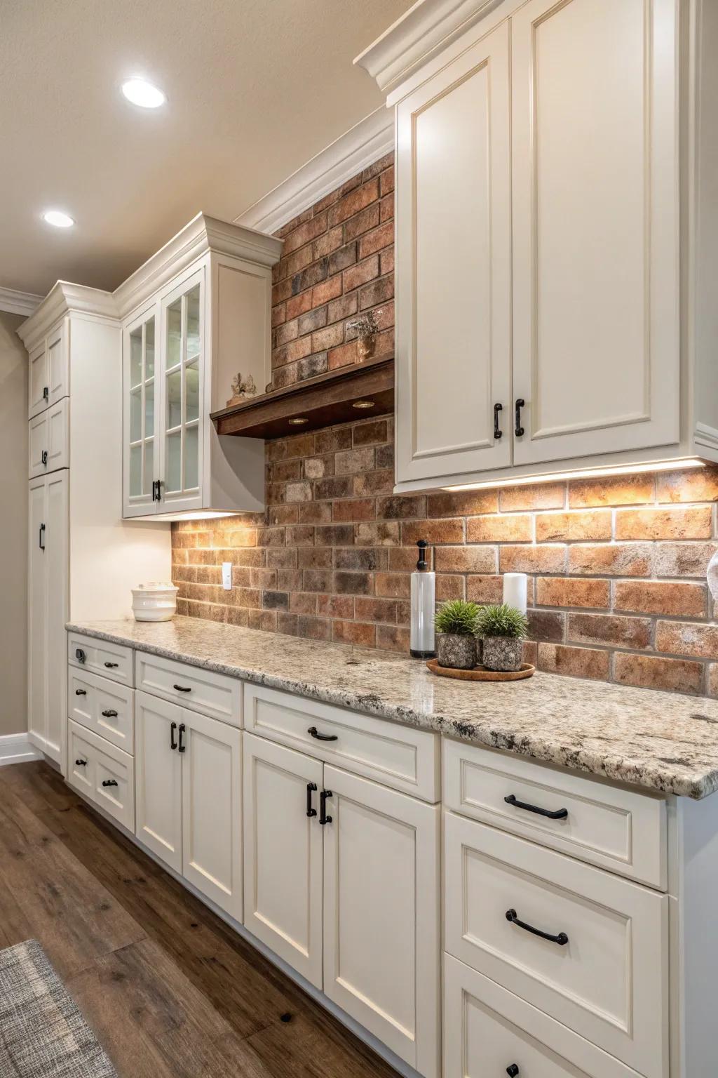 The brick backsplash's rustic charm enhances the kitchen's welcoming atmosphere.