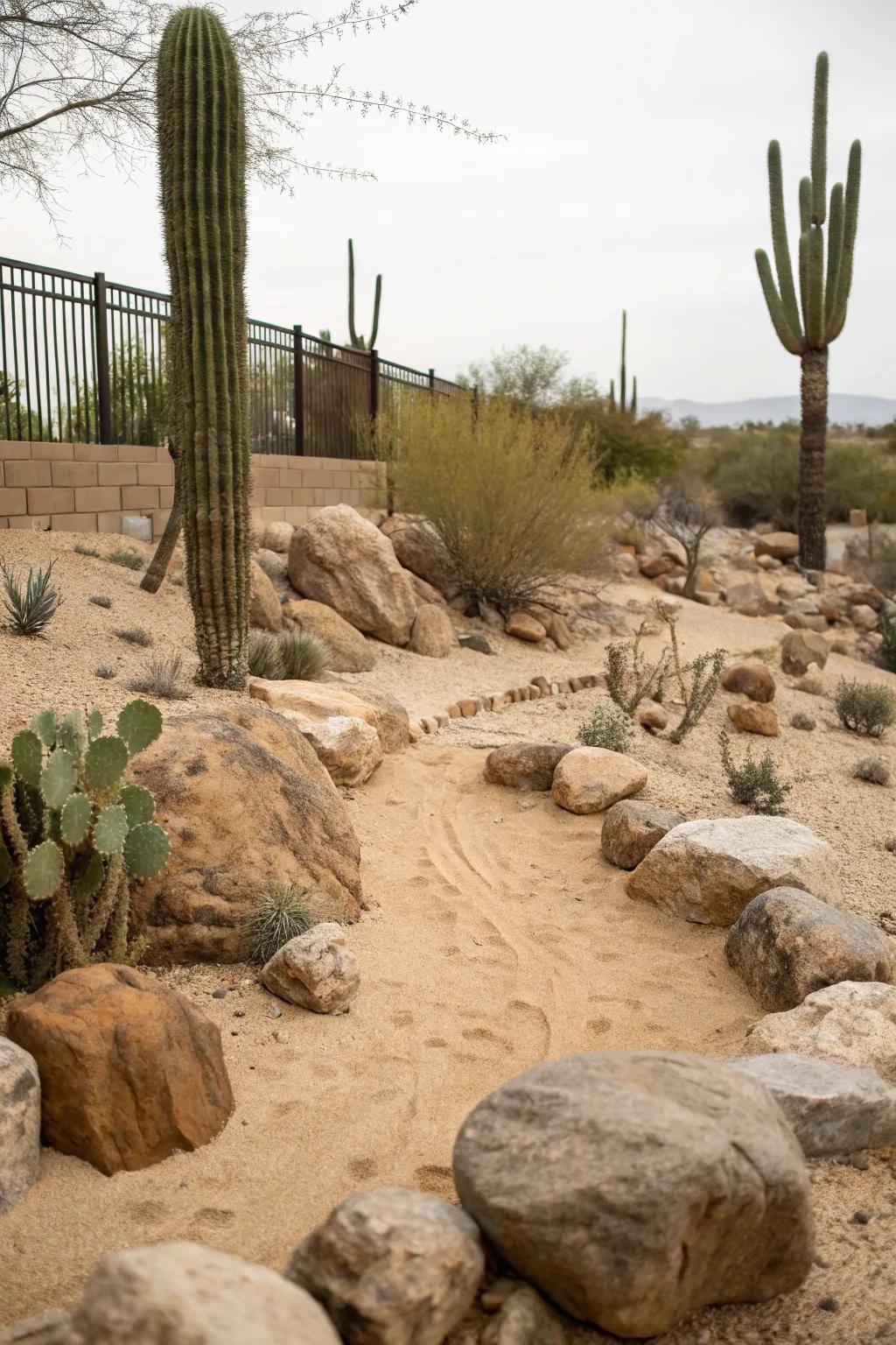 Bring the desert into your backyard with sand, boulders, and cacti.