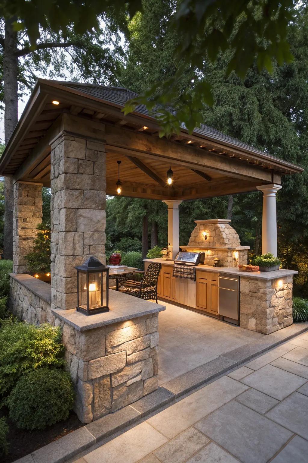 A stone pavilion guarantees strength and classic elegance for your outdoor cooking area.